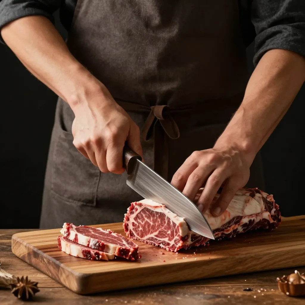 Metzger schneidet Dry-Aged-Fleisch am Block